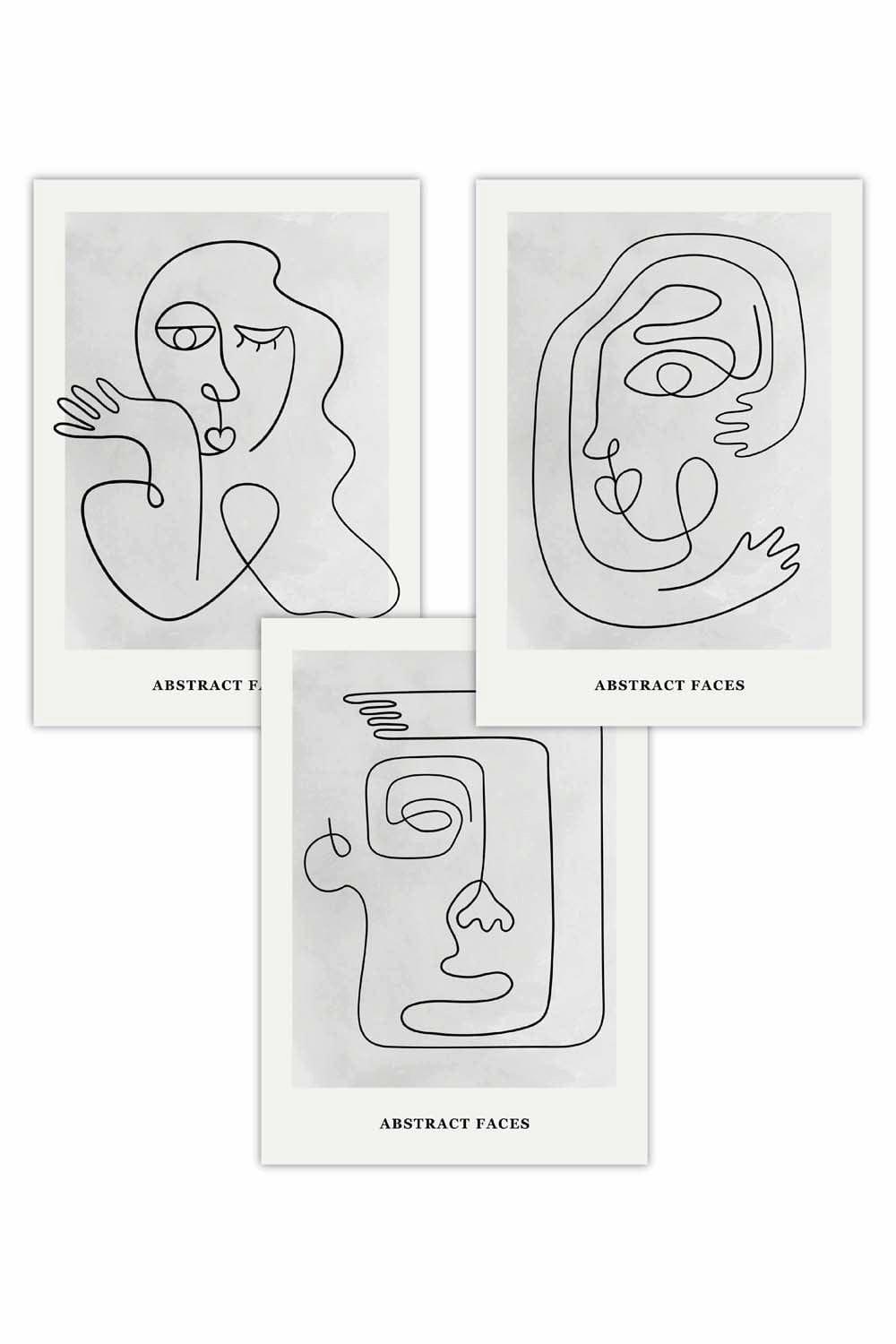Set of 3 Grey Abstract Line Art Faces Art Posters
